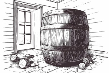 Large Wooden Barrel Sits in Room with Doorway and Spilled Contents Illustration