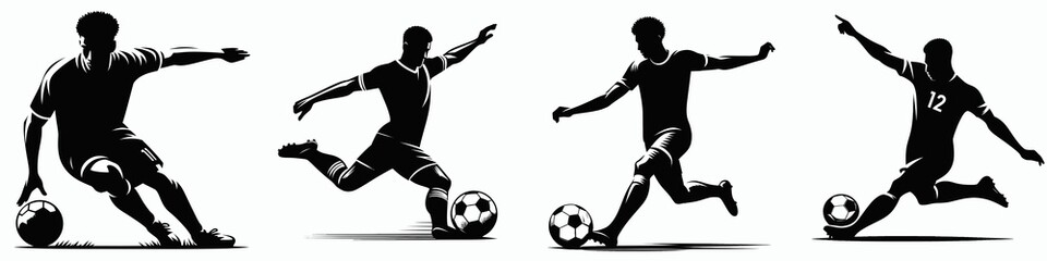 Silhouettes of soccer players executing various kicking and dribbling moves, showcasing athleticism and dynamic motion.