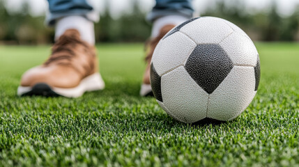 Obraz premium person stands on grassy field next to soccer ball, ready to play