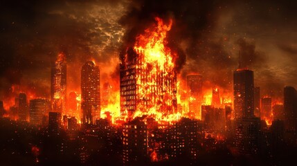 City engulfed in fire, large building burning in the middle