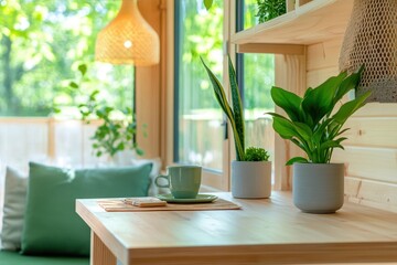 Close-up of an eco-friendly tiny home interior showcasing sustainable materials and cozy design elements.