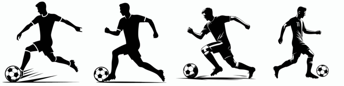 Fototapeta Silhouetted figures demonstrating various soccer kicking and running poses, showcasing athleticism and movement.