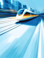 Obraz premium High-speed train gliding through a futuristic cityscape at dusk with motion blur effect