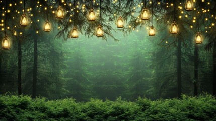 Enchanted forest scene with hanging lanterns and dreamy atmosphere for backdrop
