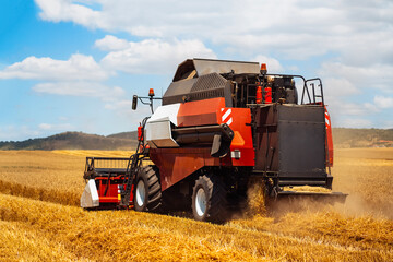 Obraz premium Combine Harvester Working, Cut Stem Cereals on Wheat Field on Farm. Seasonal Harvesting. Agribusiness. Harvesting machine works in golden fields.