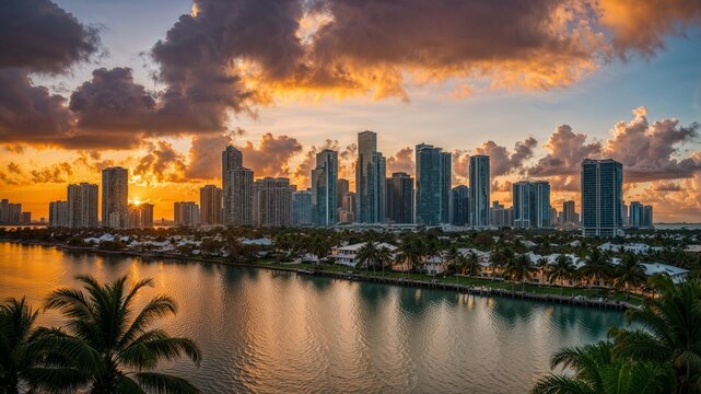 Miami Skyline and Bay at Sunset Framed by Palm Trees