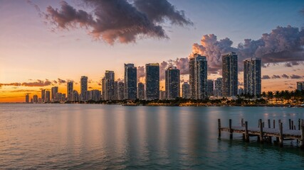 Fototapeta premium Miami Skyline and Bay at Sunset Framed by Palm Trees