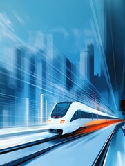 Obraz premium Fast train gliding through a futuristic cityscape at dusk with vibrant blue tones