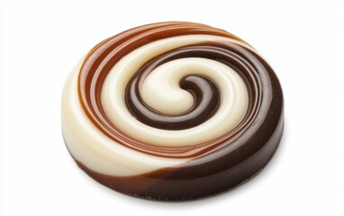 Colorful chocolate swirl with layers of milk, dark, and white chocolate blending together, isolated on white