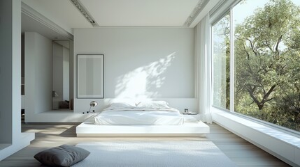 Minimalist white bedroom with large windows and modern decor