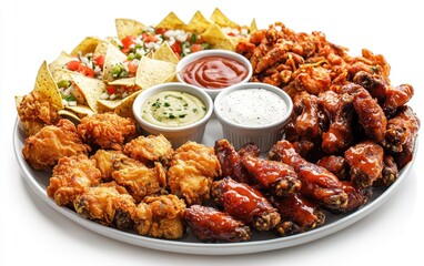 Fototapeta premium Classic Super Bowl party platter mockup with crispy chicken wings, nachos, and dipping sauces, isolated on bright white background