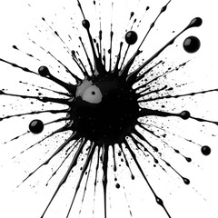 A captivating, abstract image showcasing a striking black liquid splash against a dark backdrop, with an array of droplets and tendrils radiating outwards, creating a dynamic and visually impactful...