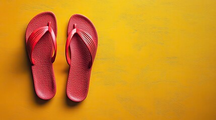 Celete the spirit of summer with this captivating vertical top view minimal flat lay featuring a pair of red striped flip flops on a vint yellow backdrop with an empty space for text or advert