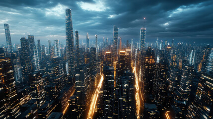 Fototapeta premium neon futuristic skyline with towering skyscrapers and glowing lights