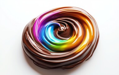 Elegant chocolate swirl with rainbow hues, smooth and glossy, frozen against a high-key white background