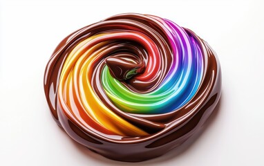 Elegant chocolate swirl with rainbow hues, smooth and glossy, frozen against a high-key white background