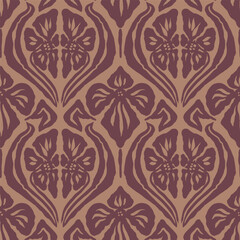 Inky brush strokes brown flowers seamless pattern damask style. Abstract modern floral background. Textured botanical minimalist wallpaper