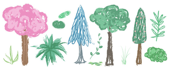 Crayon, chalk and pencil tree texture for kid, children kid hand drawing, fun joy and lovely set. tree, leaves, bushes, pine tree, palm tree and more