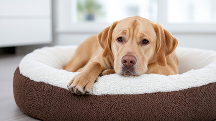 Cozy dog bed with relaxed golden retriever, perfect for pet comfort