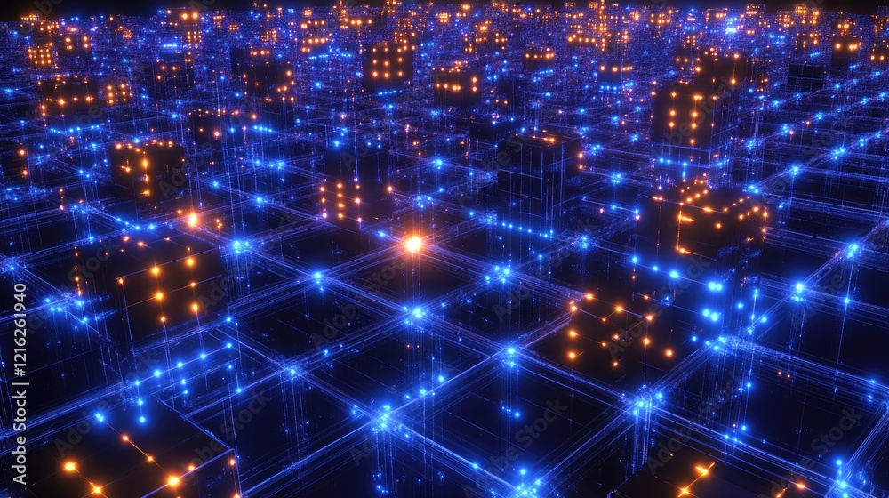 Fototapete a conceptual d rendering of blockchain blocks floating in space, connected by glowing light beams.