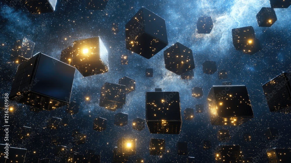 Fototapete a conceptual d rendering of blockchain blocks floating in space, connected by glowing light beams.
