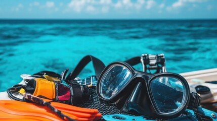 Scuba diving equipment: masks, fins, wetsuit laid out on a boat with clear blue ocean water backdrop. Emphasizing preparation and adventure of underwater exploration.