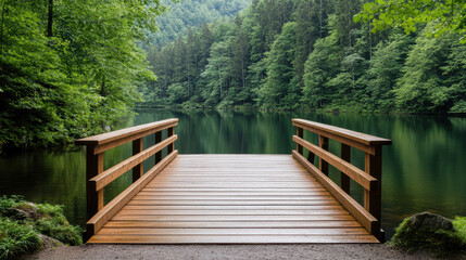 Fototapeta premium serene wooden bridge over calm lake surrounded by lush greenery