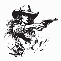Beautiful Cool Cowgirl Aiming with Pistol Ready to Shoot Vector Illustration