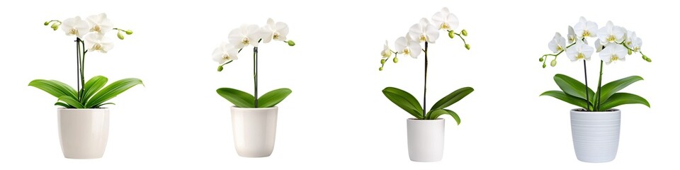 Plant decor isolated collection. Four elegant white orchids in pots, showcasing varying heights and styles, perfect for interior decor and floral arrangements.