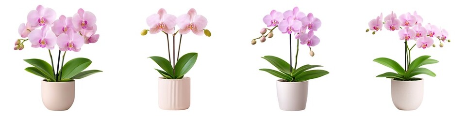 Obraz premium Plant decor isolated collection. Orchid plants in decorative pots showcase delicate pink flowers, adding elegance to any space.