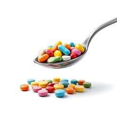 A spoon full of colorful capsule pills isolated on white background surrounded by pills