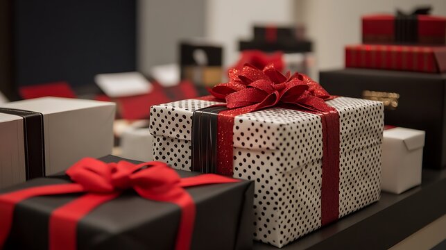 Stack of Gift Boxes with Red and Black Ribbon