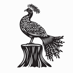 Fototapeta premium Peacock standing on a tree stump vector image isolated on white background.