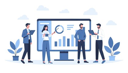 Business team analyzing data on a large computer screen, presenting findings and discussing strategies.