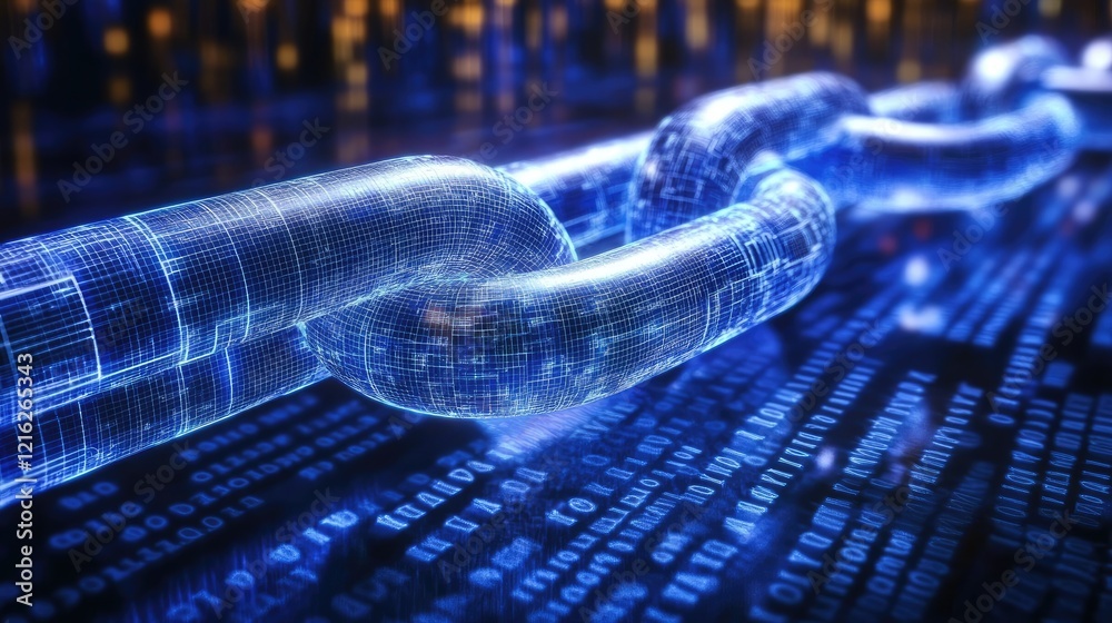 Poster a glowing digital blockchain on a dark background, with blocks interconnected by secure encrypted pa