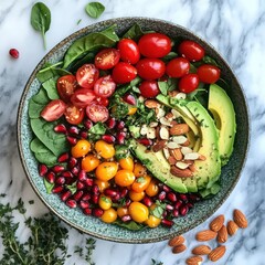 Colorful Salad Bowl with Avocado and Pomegranate