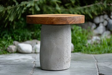 Naklejka premium Modern minimalist side table with a round wooden top and a concrete base, outdoors.