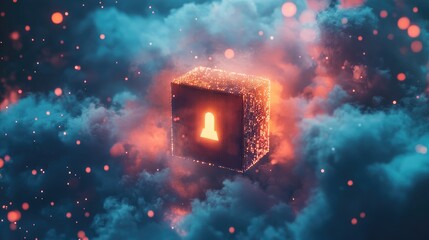 A glowing digital lock on a cloud background with a seamless flow of data, representing cloud security and encryption.