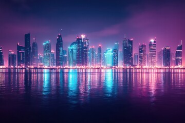 Fototapeta premium Panoramic skyline a city during the night with glowing lights