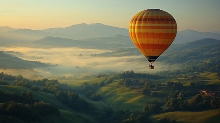 Obraz premium Hot Air Balloon Over Misty Green Landscape at Sunrise