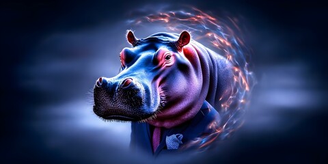 A hippo wearing a formal suit with a stylized, glowing background, blending animal features with human attire. Concept Hippo in Formal Suit, Stylized Glowing Background, Unique Animal-Human Blend