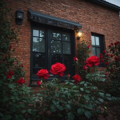 "A glowing red rose garden flourishing beside a cozy brick home."