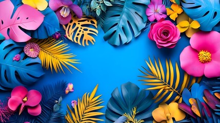 Fototapeta premium A vibrant arrangement of colorful flowers and leaves on a bright blue background.