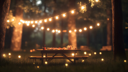 A lively backyard scene with friends and family playing board games on a wooden picnic table, surrounded by string lights, tall trees, and delicious homemade food.
