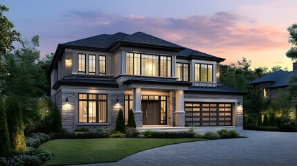luxury modern home, large windows, two-story house, manicured lawn, sunset sky, twilight, warm lighting, architectural photography, suburban neighborhood, elegant facade, garage door, driveway