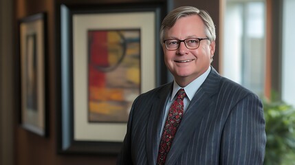 Portrait of a Smiling Man in a Striped Suit with a Red Tie