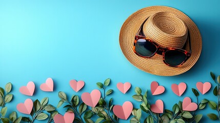 Fathers Day congrats theme. a straw hat, an elegant necktie, glasses, mustache props, and paper hearts on a blue backdrop. Ample space for heartfelt messages or advertising content.