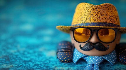 Fathers Day Fedora, tie, spectacles, and mustaches on blue for messages or ads
