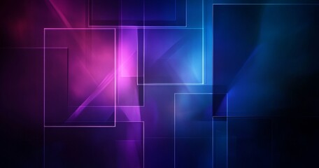 Abstract glowing squares, neon light, purple and blue color scheme.