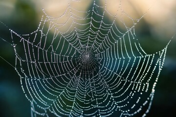Close-up view of a delicate spiderweb featuring tiny dew drops sparkling under the early morning light, capturing nature's beauty in intricate detail
